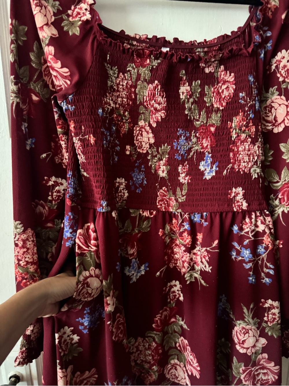 Women’s Long Sleeve Burgundy Floral Autumn Dress - Picture 8 of 8
